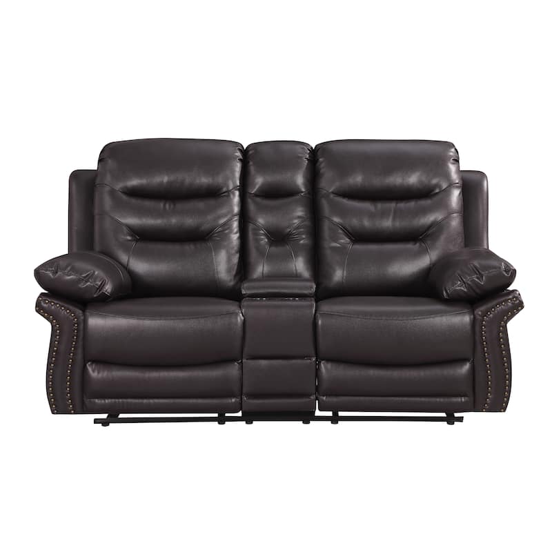 Leather Air Upholstered Reclining Console Loveseat With Fiber Back