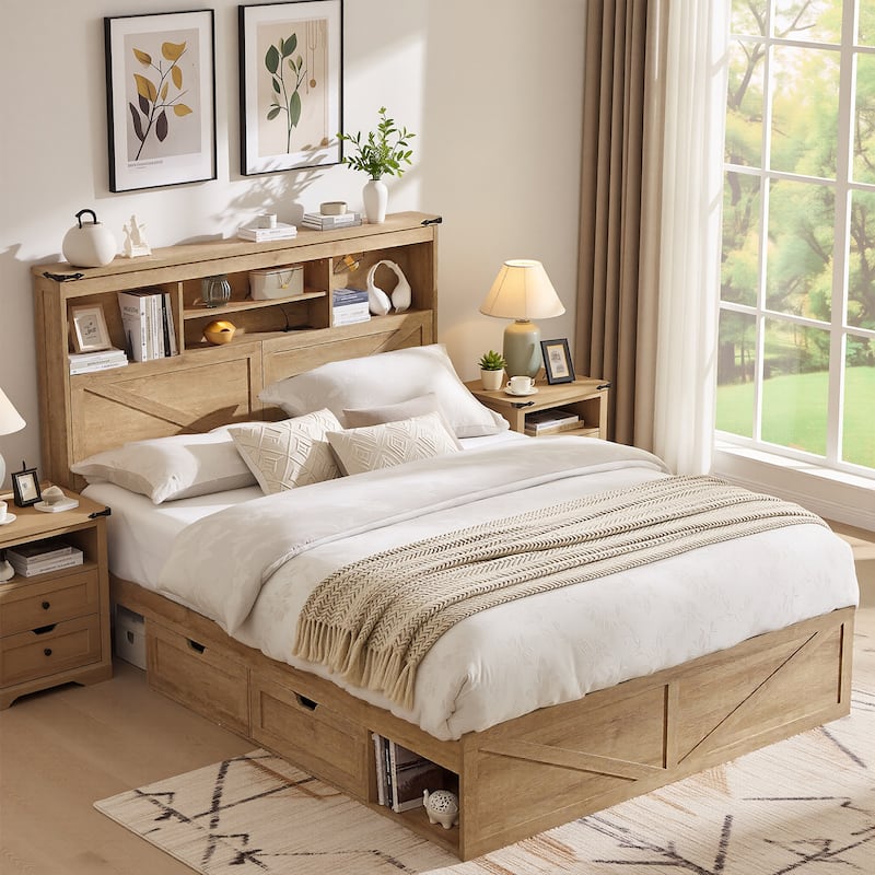 Farmhouse King Size Wood Bed Frame with Storage Headboard and Drawers - Oak