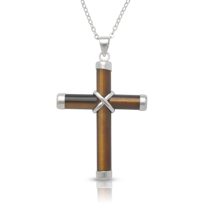 Curata 925 Sterling Silver 18"Jaade, Onyx or Tigers Eye Cross Pendant Necklace - 25mm x 35mm - 25mmx35mm - Tiger's Eye