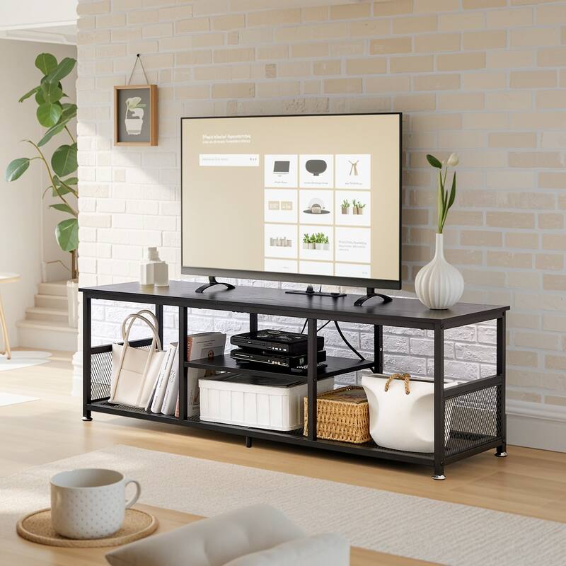 VECELO 55 Inch Black TV Stand TV Media Console Table Entertainment Center with Power Outlets and Open Storage Shelves