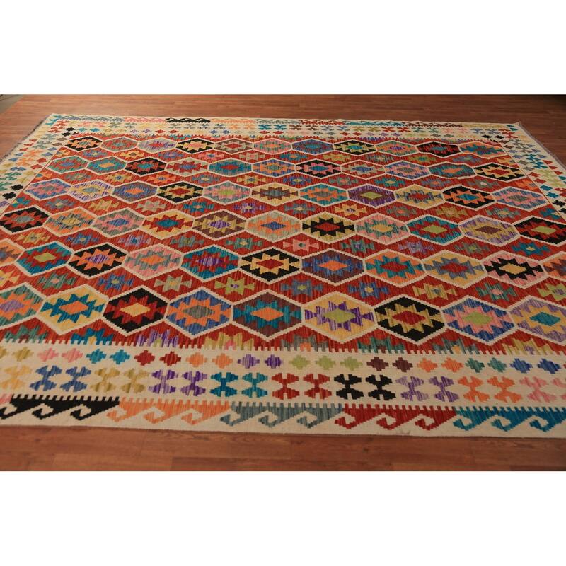 Geometric Kilim Area Rug Hand-Woven Orange Tribal Wool Carpet - 8'10"x 12'0"