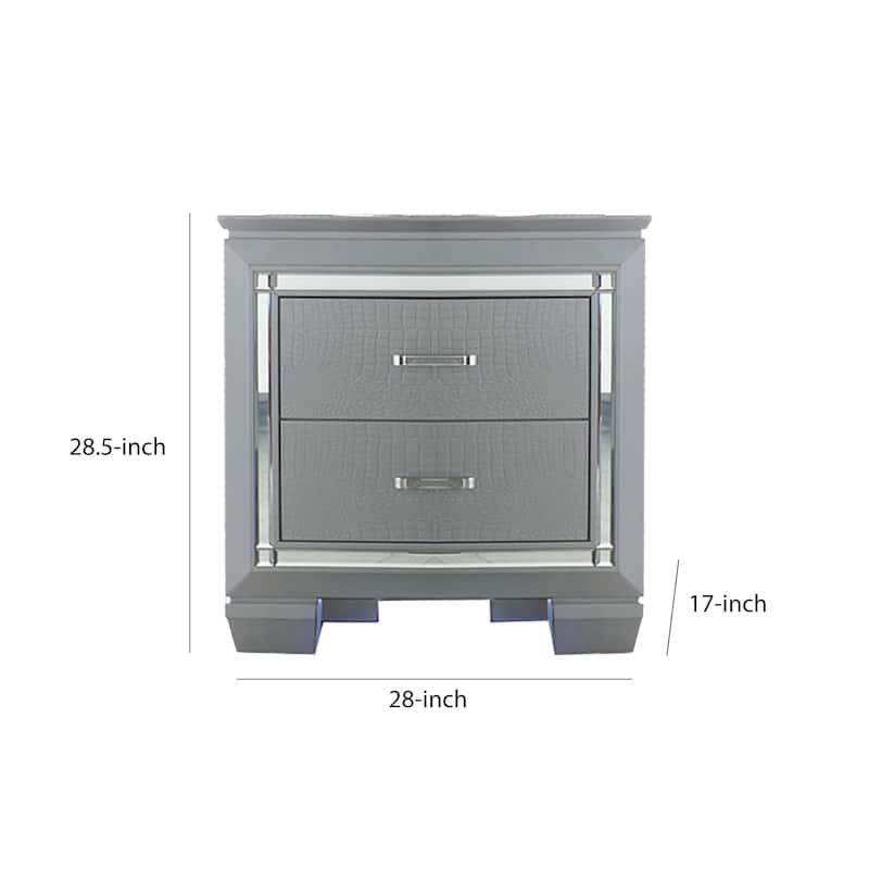 Mirror Accented Wooden Night Stand With 2 Drawer, Gray