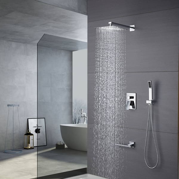 12" LED Rainfall Shower Faucet Set – Wall Mounted With Tub Spout, Handheld & Waterfall, Chrome Finish