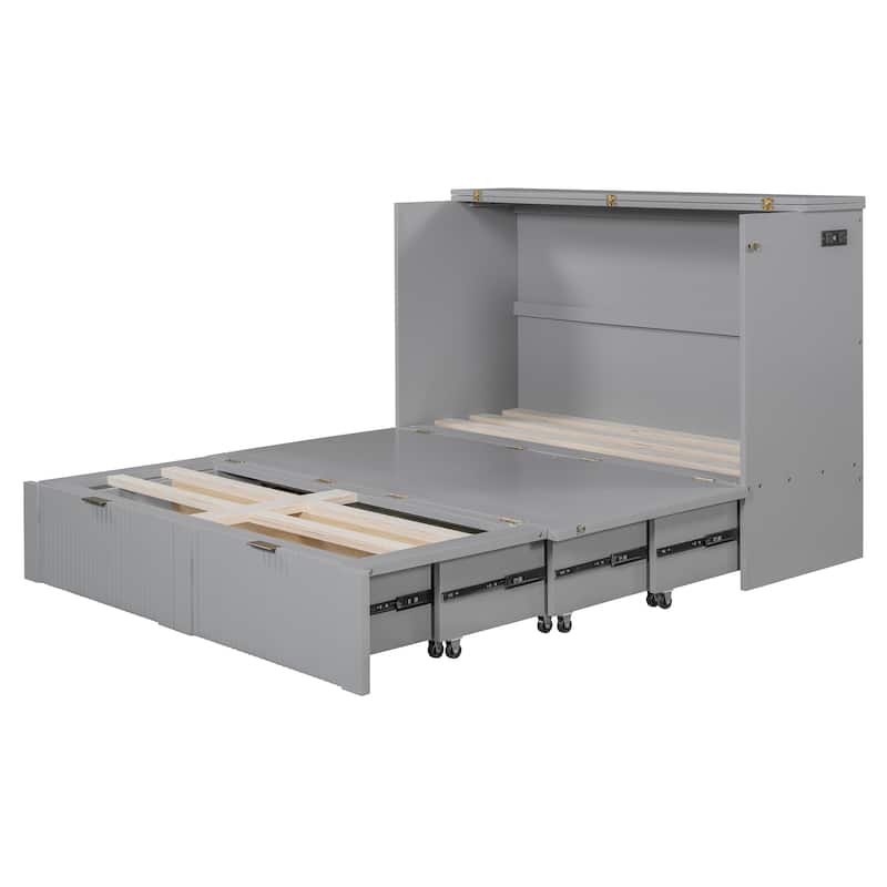 Full Size Smart Murphy Bed with Roller Skate System With Built-in USB/Outlet Charging Station & Storage Drawer