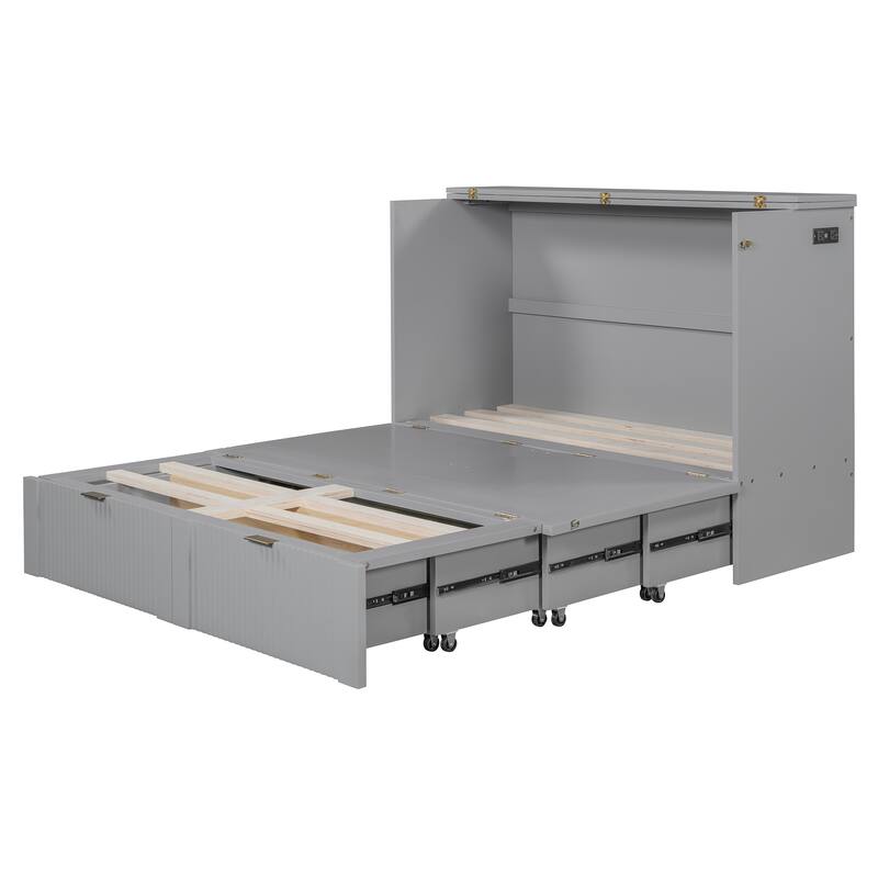 Space-Saving Queen Size Murphy Bed with Drawer, USB Ports, and Pulley Mechanism, Convertible Wall Bed with Flexible Slats