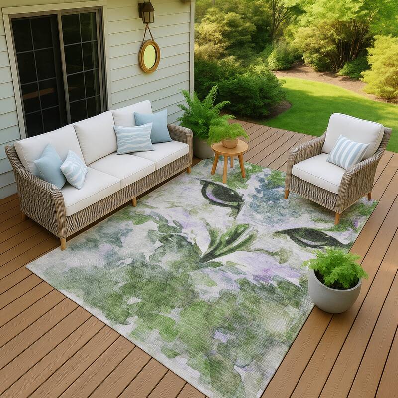 Machine Washable Indoor/ Outdoor Modern Owl Chantille Rug - Green - 9' x 12'