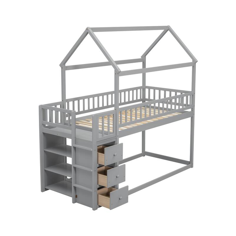 Grey Twin/Twin House Bunk Bed with Shelves, Drawers, and Roof Design