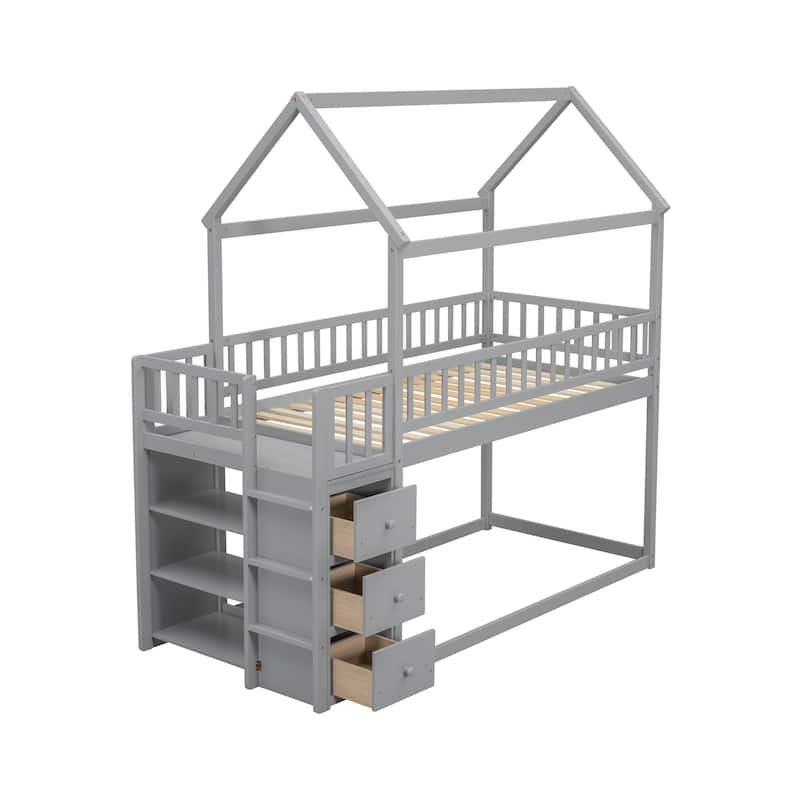 Twin Wood House Bunk Bed with Shelves & Drawers