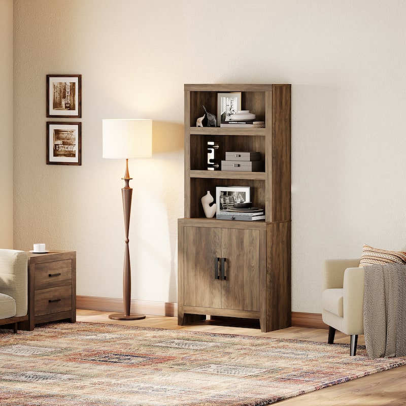 74" Tall Bookshelf with Door, Farmhouse Bookcase with Adjustable Shelf and Storage Cabinet for Living Room, Office