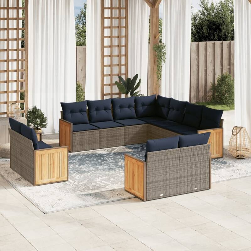 vidaXL 11/12 Piece Patio Sofa Set with Cushions Black/Gray Poly Rattan - 21.7 x 24.4 x 27.2 - Gray Without table