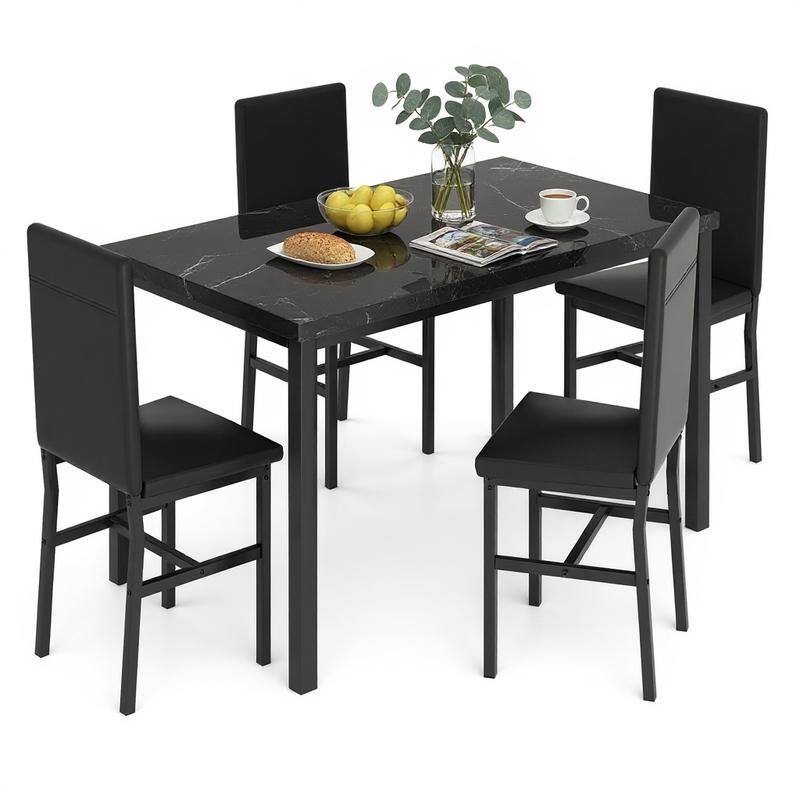 Grondin Modern Contemporary 5 Pieces Dining Table Set with Faux Marble Top and 4 PU Leather Upholstered Chairs