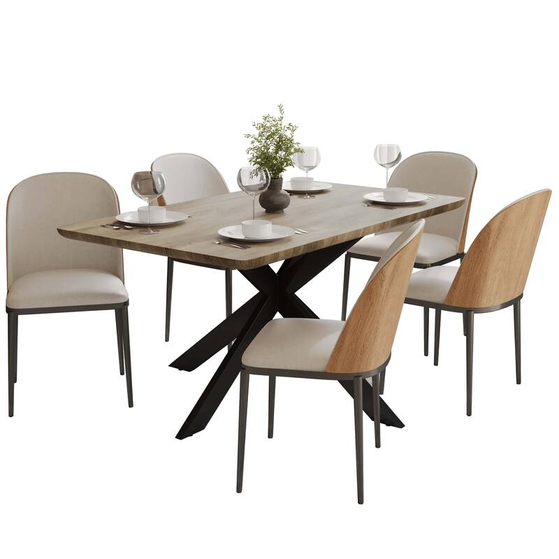 Ravenna 6-Piece Dining Set 66-Inch Rectangular MDF Dining Table and 6 Dining Side Chairs - Natural Wood/Beige