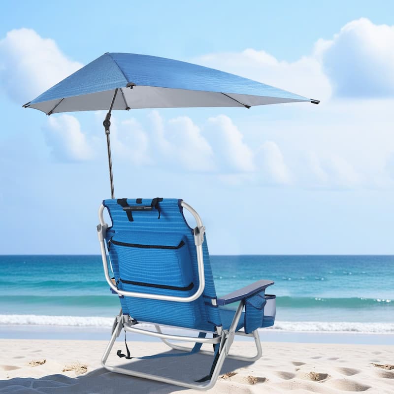 BOSSIN Outdoor Beach Chairs with Umbrella,Folding Backpack Beach Chair with Pockets and Cup Holder,Adjustable height Towel Rack - Blue