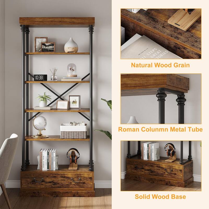 Bookshelf with Drawers,81.29" Tall, 5 - Tier Vintage Bookcase, Metal - Frame Shelf