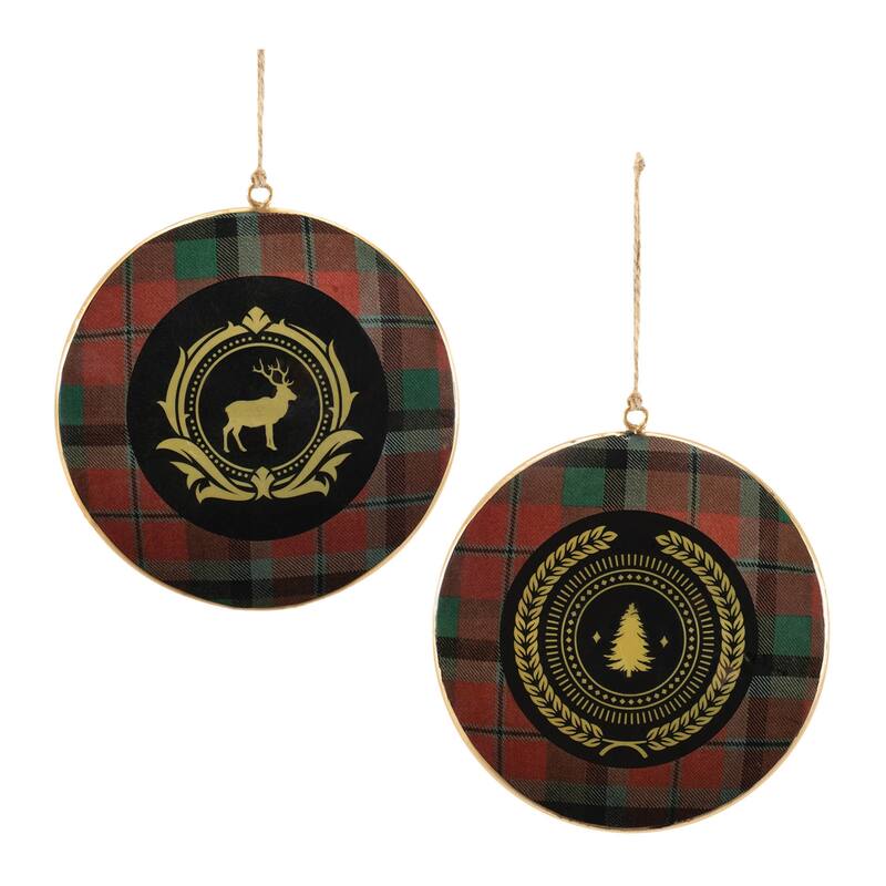Metal Deer and Pine Tree Disc Ornament (Set of 6) - N/A