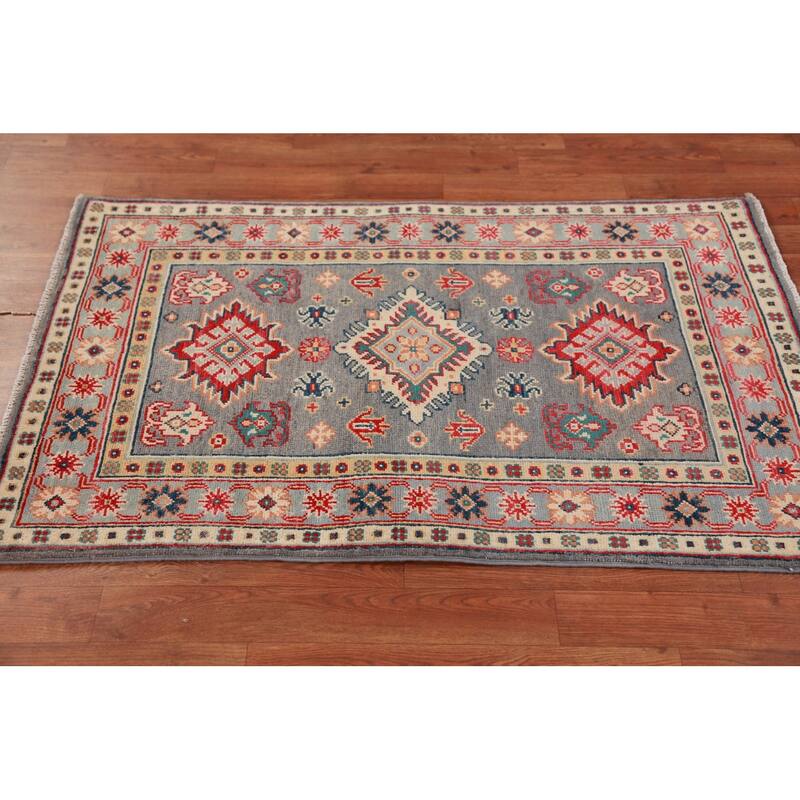 Geometric Gray Kazak Foyer Rug Hand-Knotted Wool Carpet - 2'7"x 4'1"
