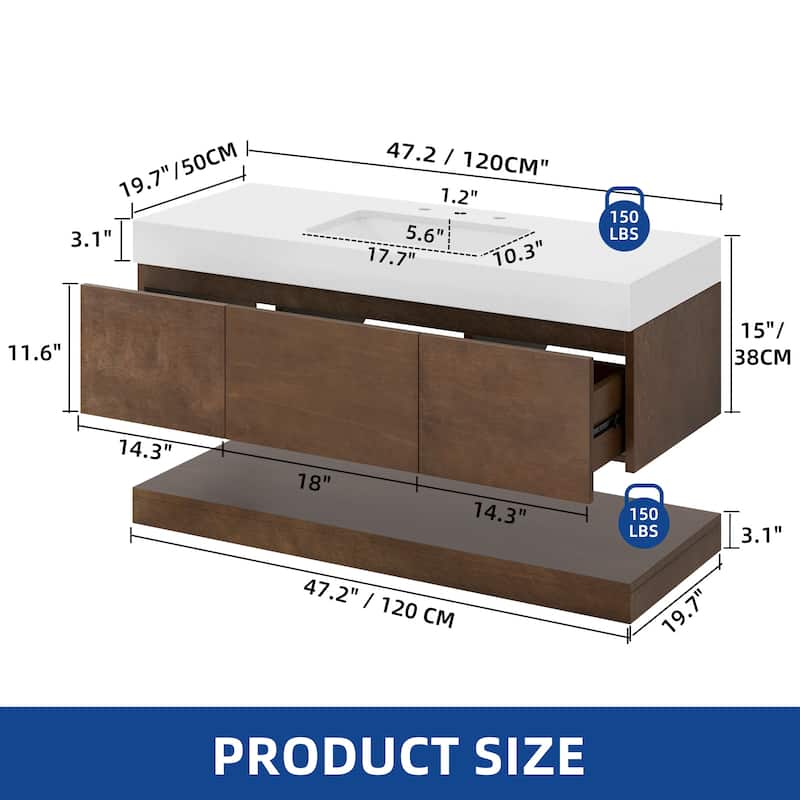 Moasis 47" W 3 Drawer Floating Bathroom Vanity with Stone Top and Ceramic Basin