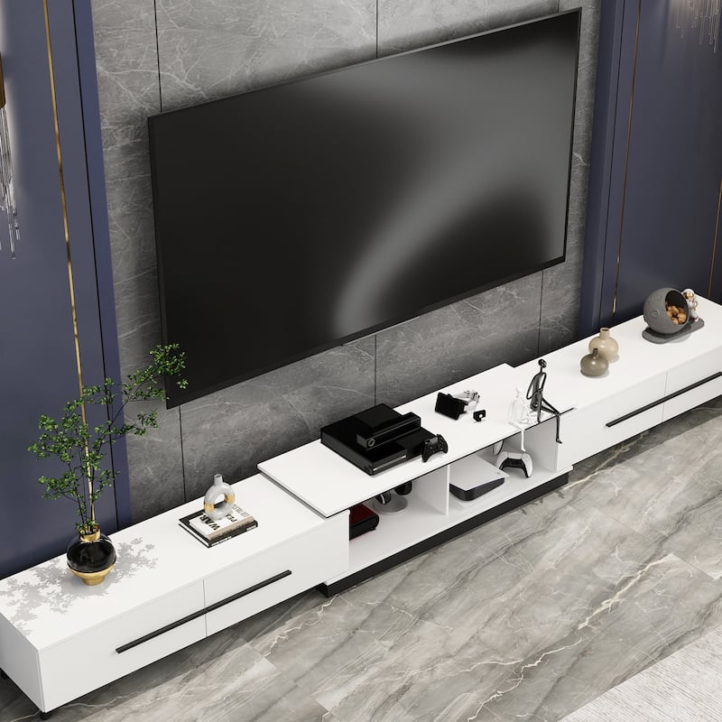 13.1"H Extendable Designs TV Stand with 4 Storage Drawer Black/White