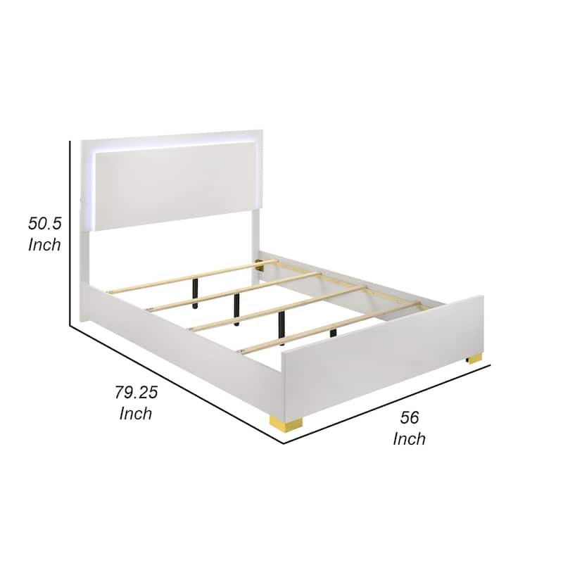 Dex Full Size Bed with LED Framed Headboard, White Wood Finish, Gold Legs