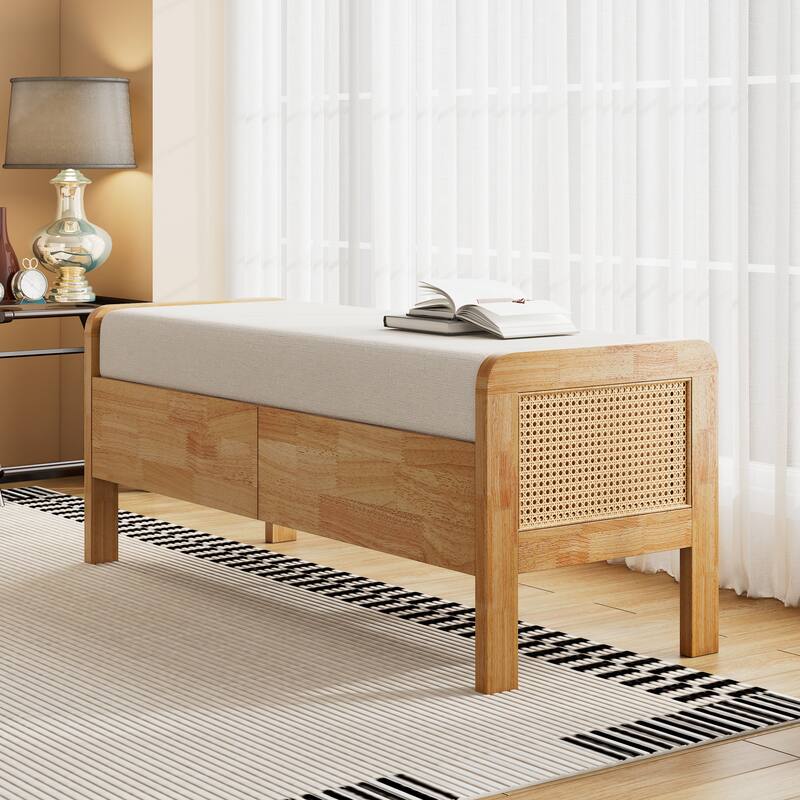 Upholstered Storage Ottoman Bench with Wooden Legs, Multipurpose Seat with Hidden Compartment for Bedroom and Living Room