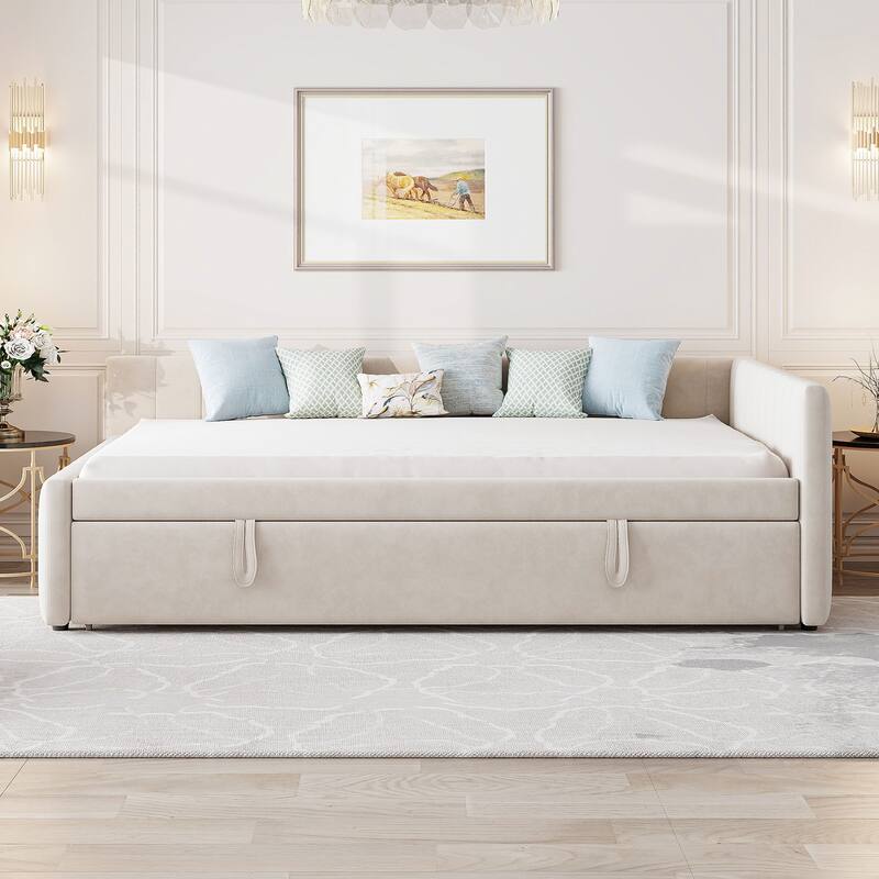 Full-Size Upholstered L-Shaped Daybed with Hidden Twin Trundle & Elegant Vertical Stripe Design