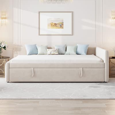 L Shaped Upholstered Daybed, Full Size Fabric Platform Sofa Bed with Twin Size Pop Up Trundle, Wooden Slats Support