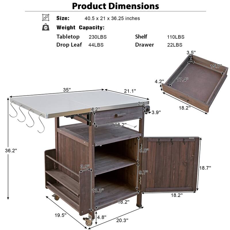 Anmytek 40.5" Outdoor Grill Cart Stainless Steel Top Rolling Kitchen Storage Island