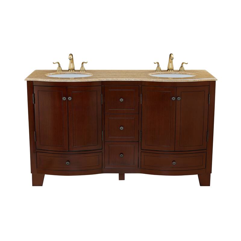 60 in. W x 22 in. D x 36 in. H Dark Cherry Bath Vanity with Double Sink and Brown Travertine Top, Ample storage