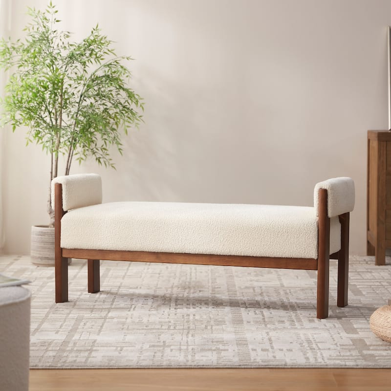 Arm Fabric bench with Solid Wood Legs - Brown