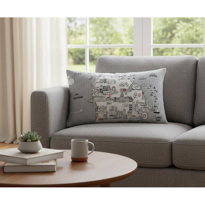 HomeRoots 25" White Michigan Lower Peninsula Daylight Skyline Lumbar Decorative Pillow