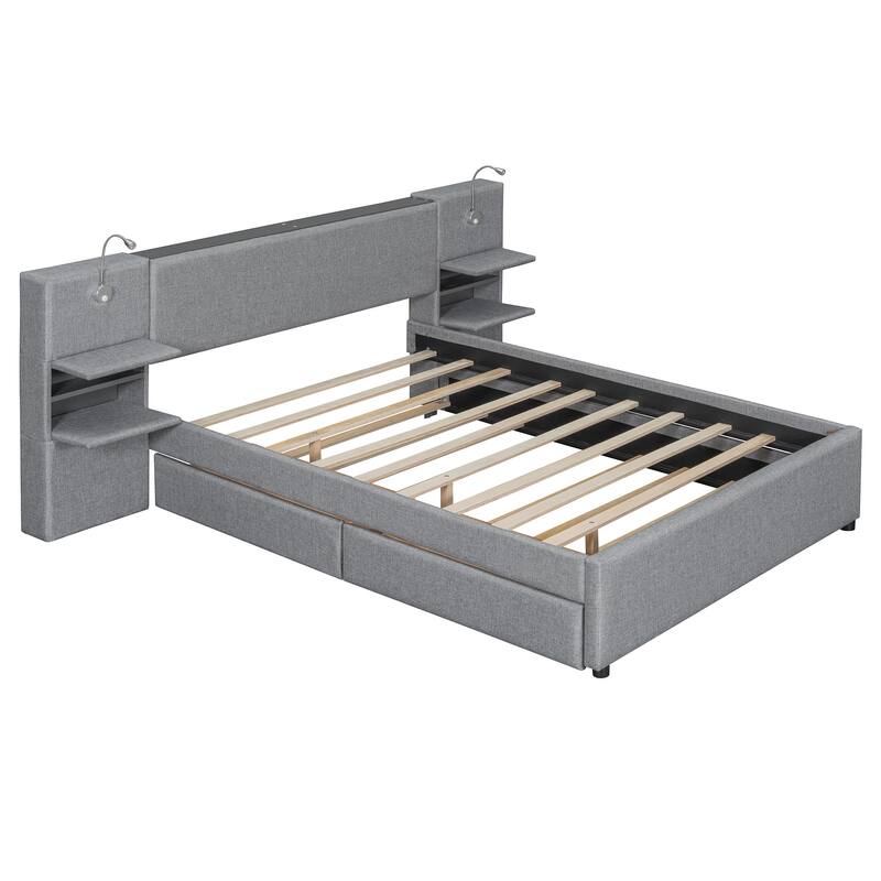 Queen Size Upholstered Platform Bed with Storage Headboard, Reading Lights, Trundle, and Side Racks