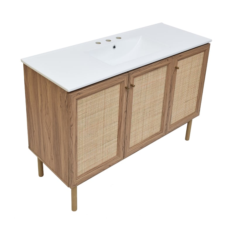 Classe 48 In. Brown Oak Bathroom Vanity With White, 3-Hole Ceramic Sink Top