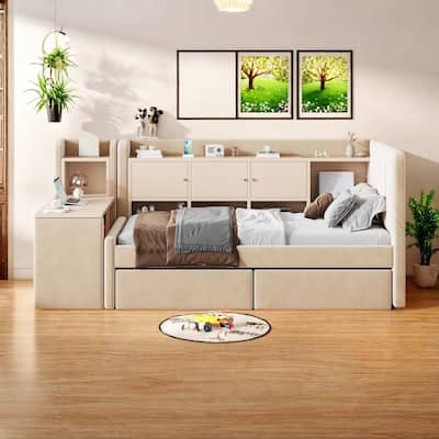 Twin Size Daybed with Storage - Built-in Side Table, 2 Drawers and Flip-Top Cabinets, Space-Saving Design