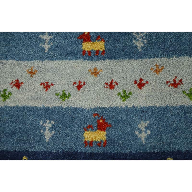 Hand Knotted Oriental 100% Wool Carpet Tribal Animal Pictorial Navy Blue & Blues Gabbeh Area Rug - 1' 4'' X 1' 4''