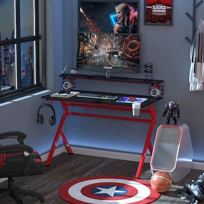 HOMCOM 47" Gaming Desk Computer Table for Home Office with Headphone Hook, Cup Holder, and Controller Rack, Red/Black