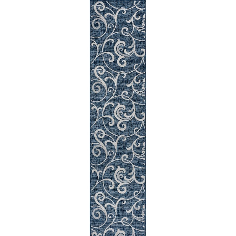 JONATHAN Y Isla Traditional Classic All-Over Scroll Green/Cream Indoor/Outdoor Area Rug - 2 X 8 - Navy/Cream