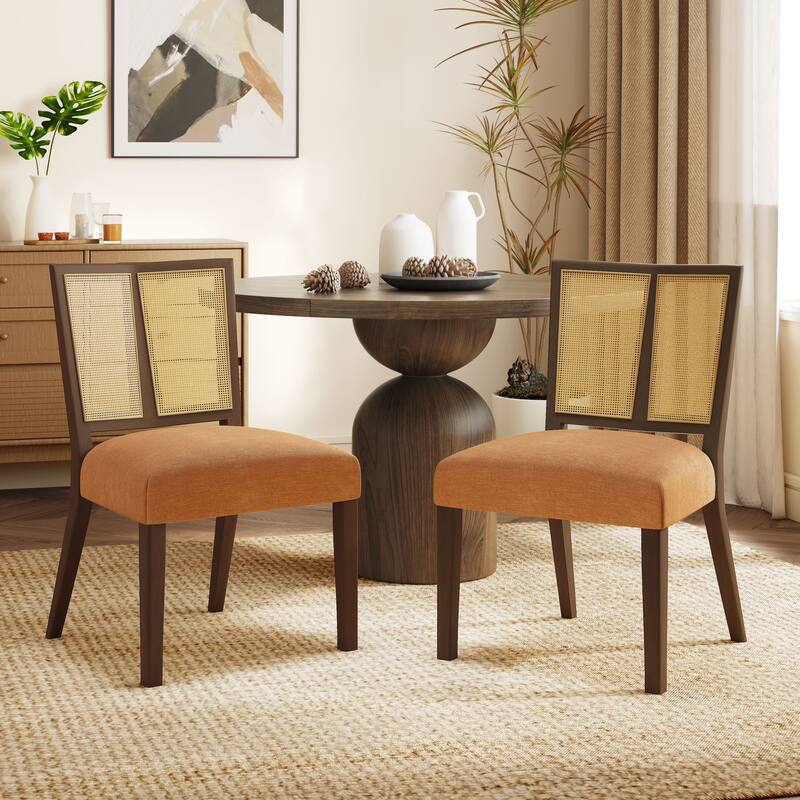 Mid-Century Modern Dining Chair with Rattan Back(Set of 2) - Caramel+Walnut-without Armrest