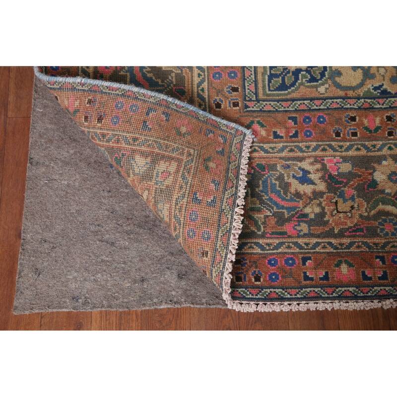 Vintage Distressed Mashad Persian Area Rug Hand-knotted Wool Carpet - 7'11" x 11'1"