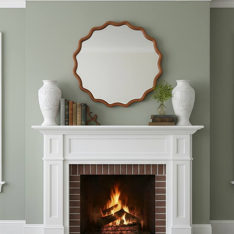 Wavy Round Solid Wood Frame Decorative Mirror Modern Farmhouse Wall Mirror For Bedroom Bathroom Living Room Entryway