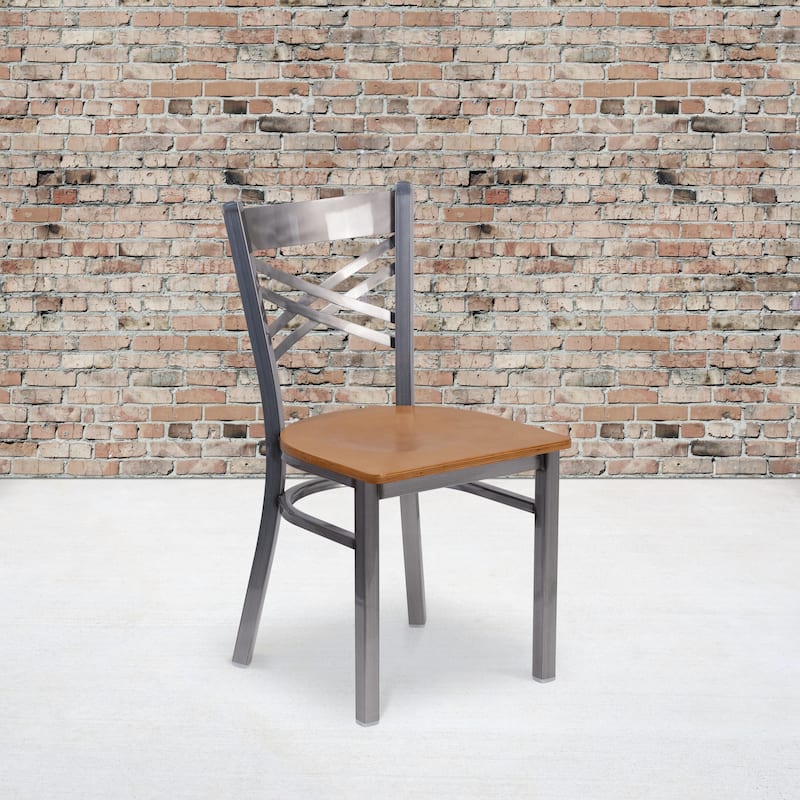 Steel X-back Restaurant Chair - 16.5"W x 17"D x 32.25"H - natural wood seat/clear coated metal frame