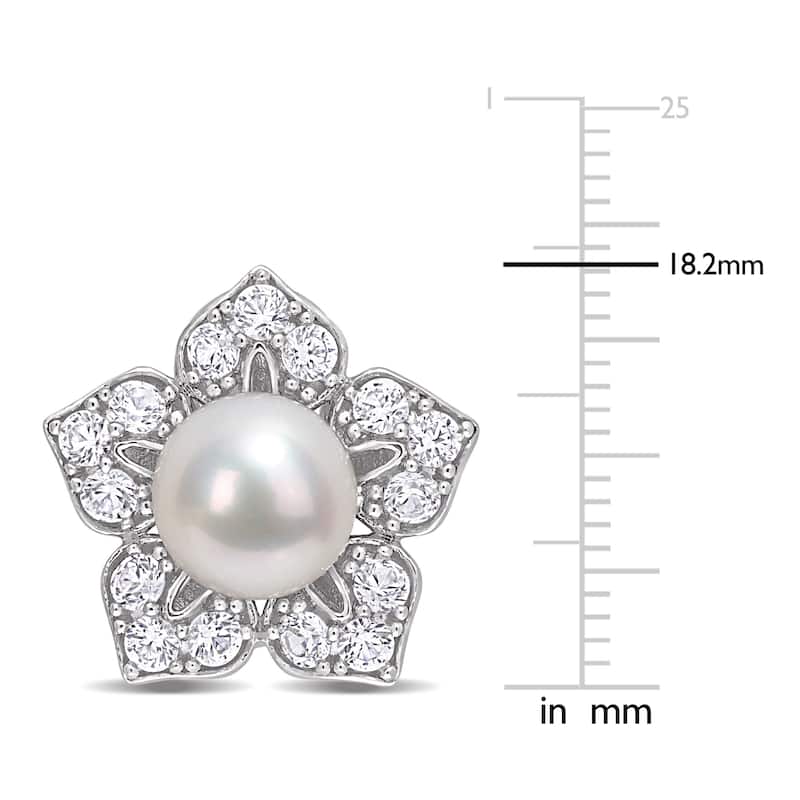 Miadora Cultured FW Pearl and Created White Sapphire Floral Earrings in Sterling Silver (8.5-9mm)