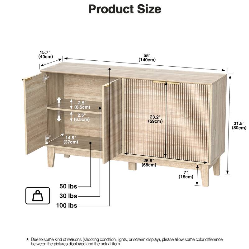 Anmytek Modern 4-Door Wood Buffet Sideboard 55" Wide Rectangular Storage Cabinet with Adjustable Shelves
