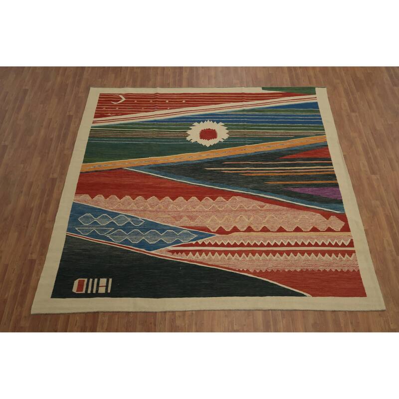Hand Woven Oriental 100% Wool Carpet Southwestern Modern Multi-Colored Kilim Area Rug - 10' 0'' X 10' 1''