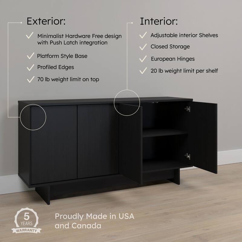 Prepac Finnley Sideboard Cabinet Buffet Cabinet with Storage, Entryway Cabinet with Adjustable Shelves