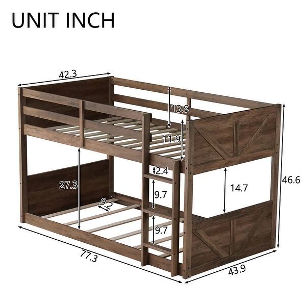 dimension image slide 1 of 2, Low Twin Over Twin Size Bed Floor Bunk Bed with Panelled Headboard Footboard, Ladder and Guardrails, Solid Rubber Wood Frame
