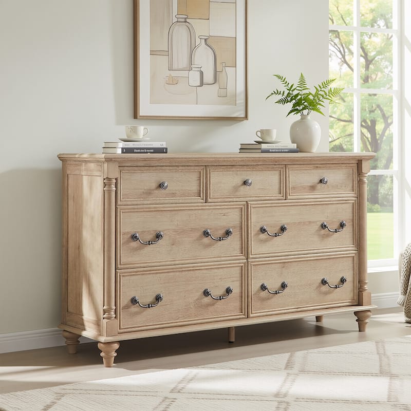 Farmhouse 7 Drawers Dresser, Vintage Chest of Drawers for Living Room - Oak