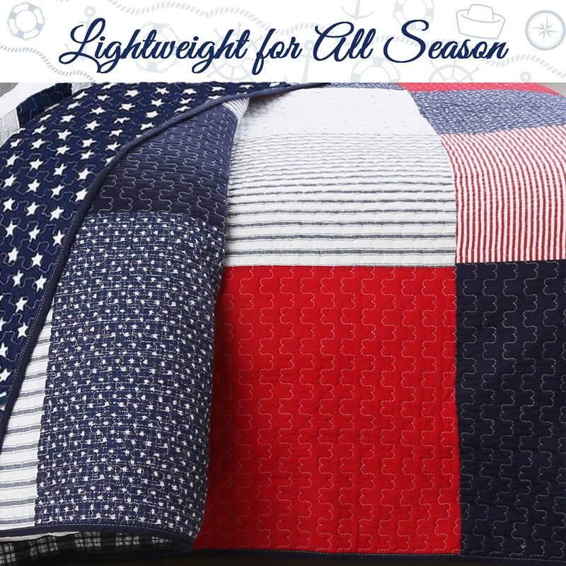 Cozy Line Patriotic Patchwork Plaid Red White Blue Reversible Cotton Quilt Bedding Set
