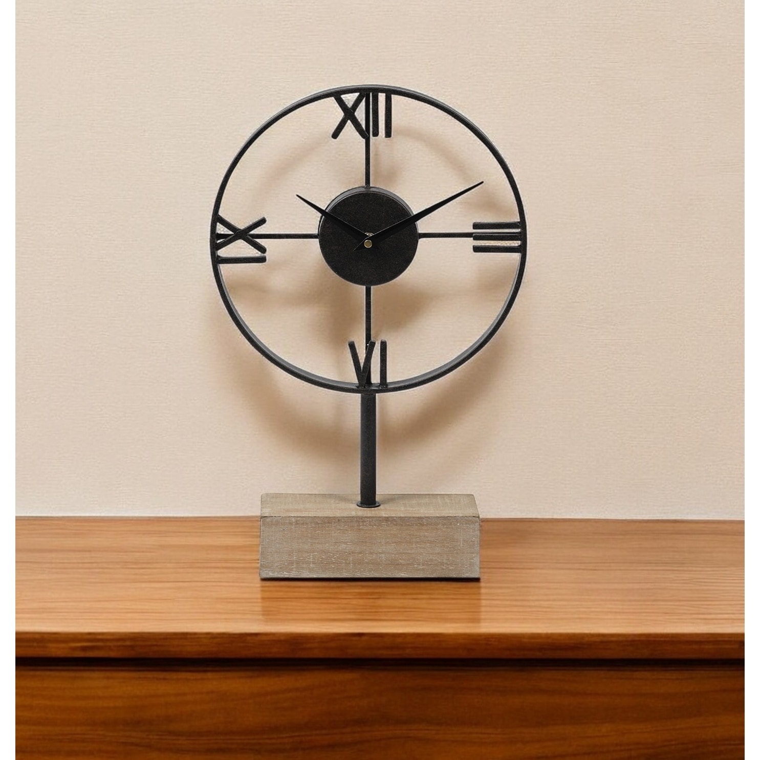 Black Metal Wood Desk Table Clock With Open Metal Frame Black Metal Wood Desk Table Clock With Open Metal Frame