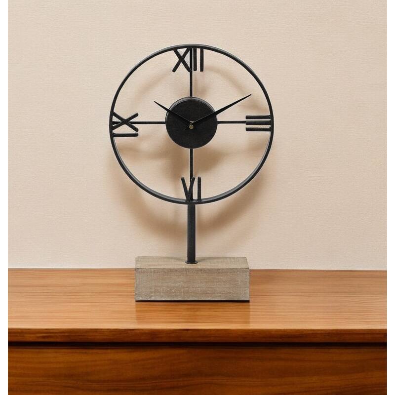 HomeRoots Black Metal Wood Desk Table Clock With Open Metal Frame - 3.2' X '17.75' X '11.5 - 3.2' X '17.75' X '11.5