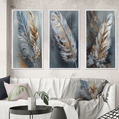 Designart "Gold Feather Wanderlust III" Glam Feather Framed Wall Art Set Of 3 Frame Gallery Set For Office Decor